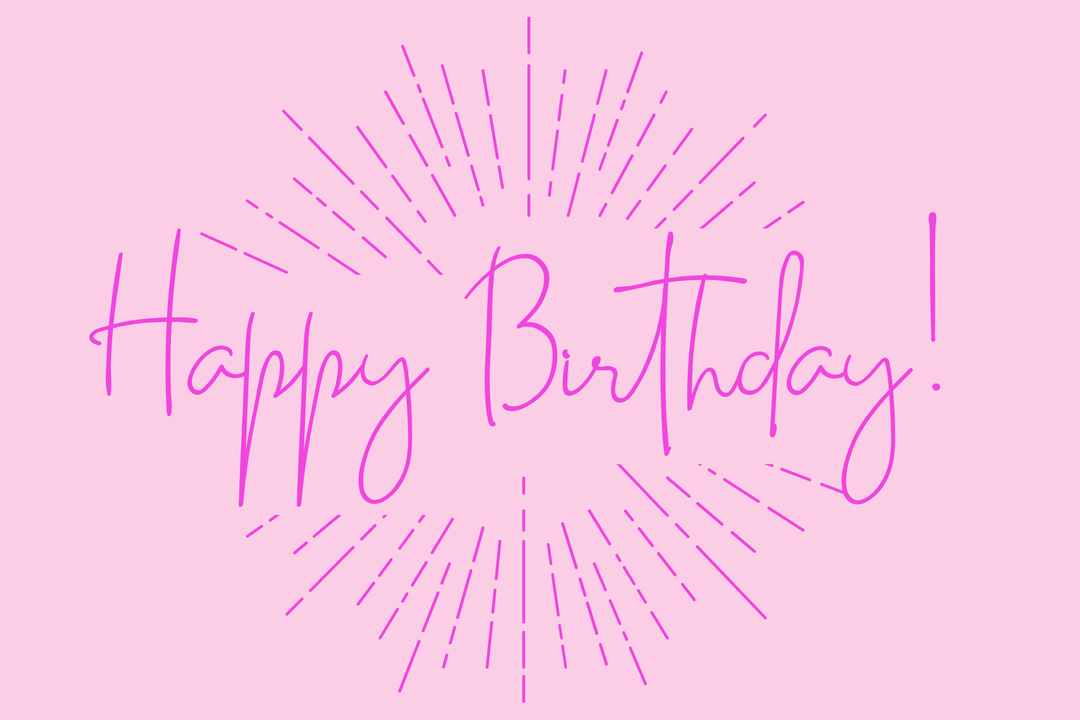 Pink card with Happy Birthday! in magenta script inside a starburst