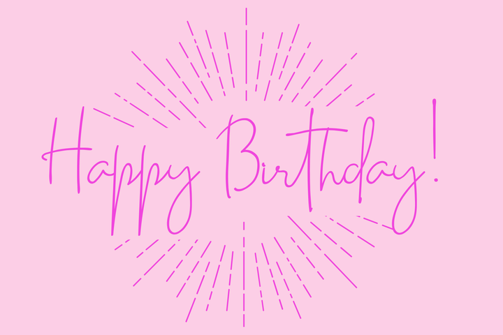 Pink card with Happy Birthday! in magenta script inside a starburst