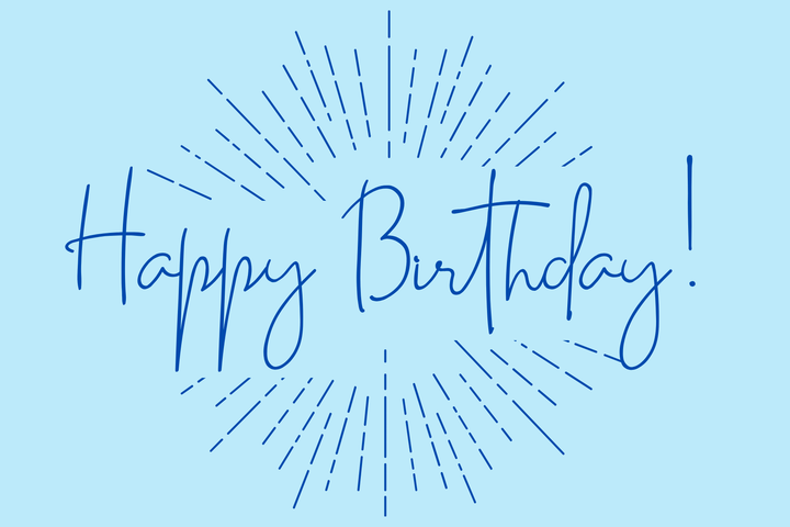 Light blue card with Happy Birthday! in blue script inside a starburst