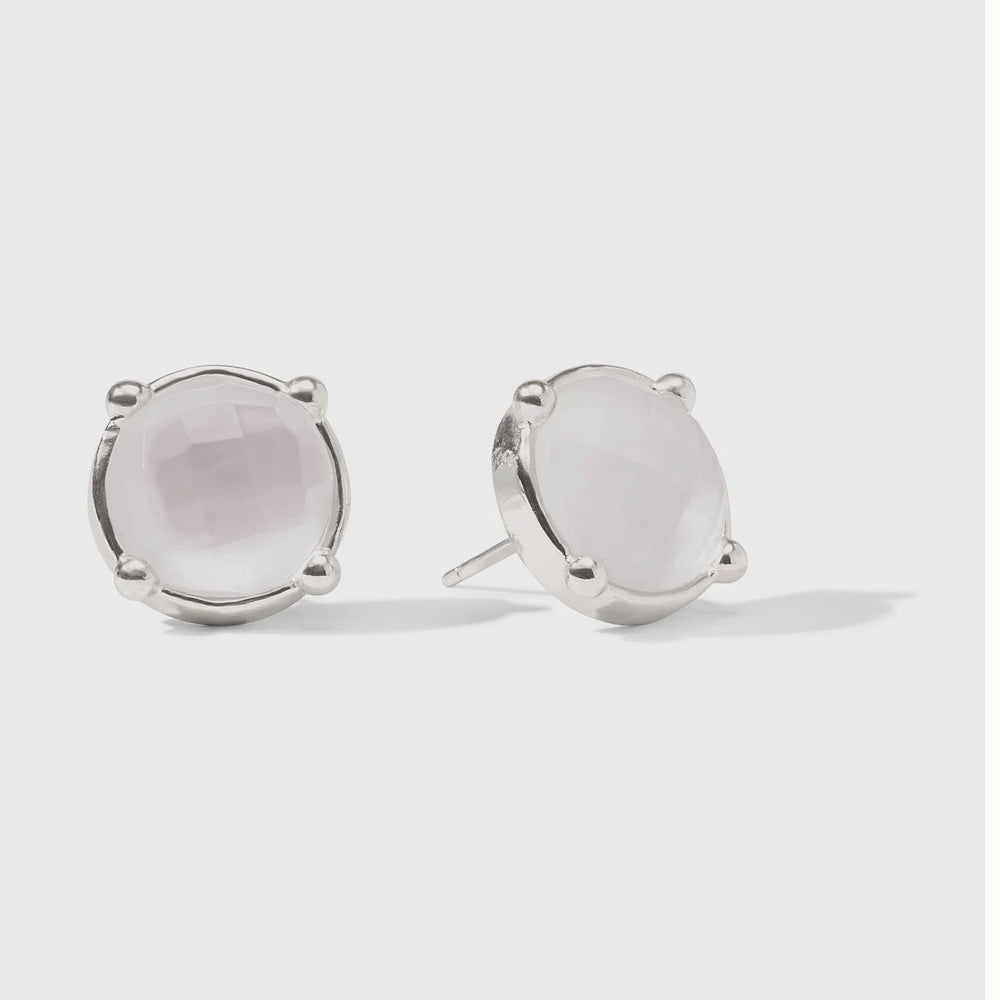 Sterling silver jewelry pair of round stud earrings featuring faceted translucent pale pink gemstones held in four-prong settings with unique ball-tipped accents on a light gray studio background