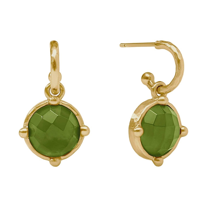 Yellow gold drop earrings featuring round faceted translucent green gemstones suspended from small textured hoops with decorative ball-point prongs against a white background