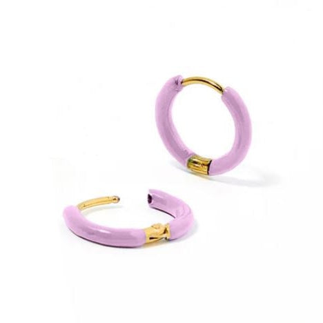 Gold-plated and enamel jewelry featuring a pair of small lavender hoop earrings on a plain white background with visible polished gold hinges and a glossy lilac finish