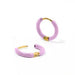 Gold-plated and enamel jewelry featuring a pair of small lavender hoop earrings on a plain white background with visible polished gold hinges and a glossy lilac finish