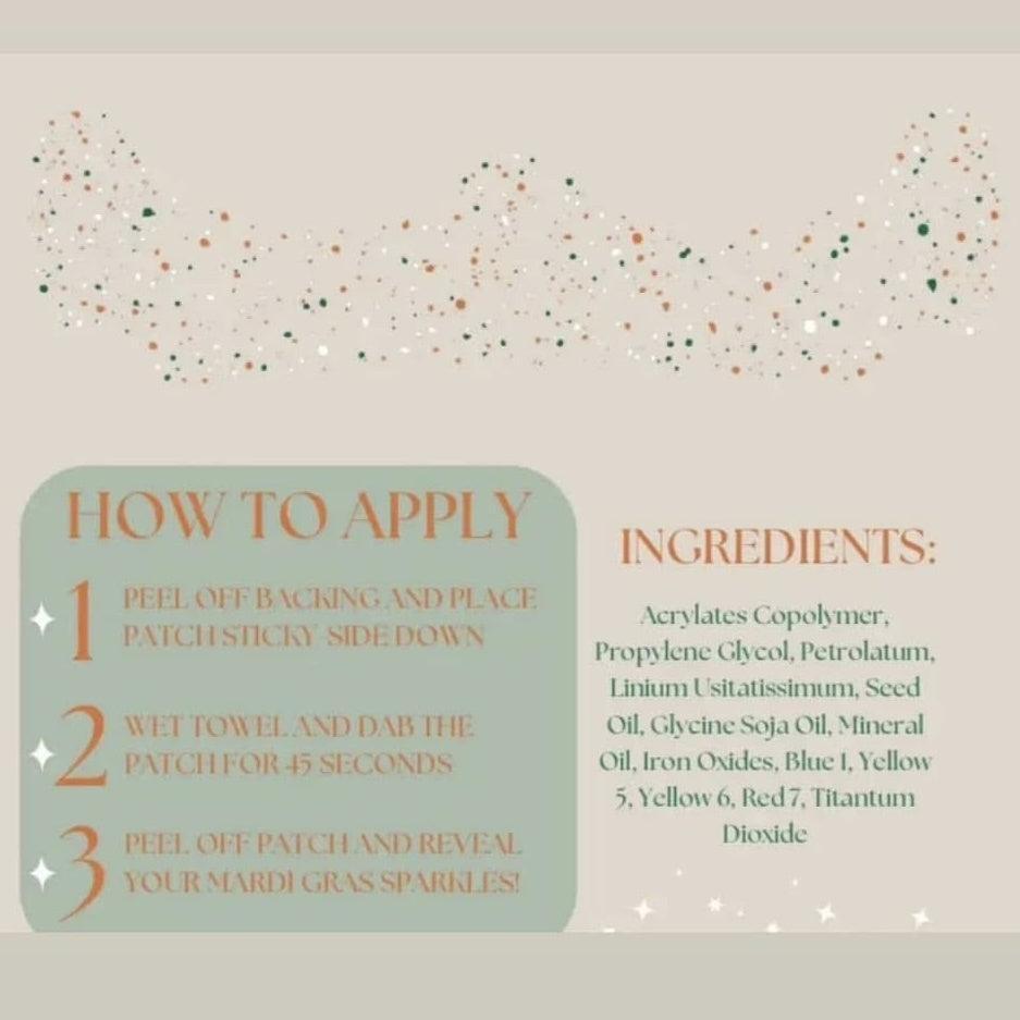 Graphic with How to Apply steps and an ingredients list for peel-off Mardi Gras face sparkles