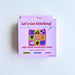 A pink retail box for a 'Let's Get Stitching! Half-Stitch Needlepoint Pouch' craft kit, photographed against a plain white background.