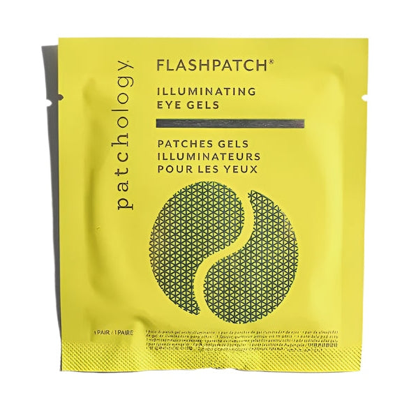 Product photograph by Patchology of a vibrant yellow FlashPatch Illuminating Eye Gels packet on a white background featuring a large circular yin-yang icon filled with a fine grid and minimalist black typography