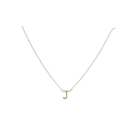 Gold necklace featuring a minimalist sans-serif letter J pendant centered on a delicate cable chain with a polished metallic finish against a white studio background