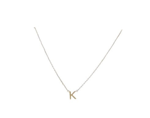 Gold jewelry featuring a minimalist block-letter K pendant suspended from a dainty polished cable chain centered on a white background