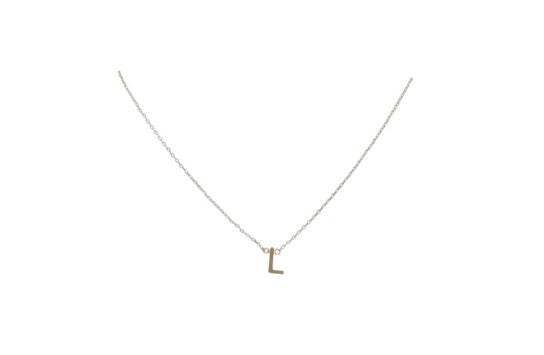 Gold necklace featuring a delicate uppercase letter L pendant on a fine cable chain with a polished finish against a minimalist white background