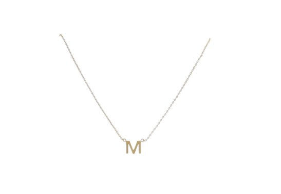 Gold jewelry piece featuring a minimalist initial necklace with a polished capital letter M on a delicate cable chain set against a clean white studio background showcasing its sleek metallic finish and fine link structure