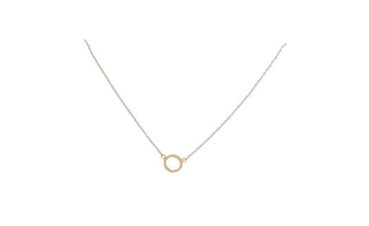 Yellow gold necklace featuring a minimalist open circle pendant on a delicate cable chain isolated against a plain white background with a high-polished finish and elegant circular silhouette