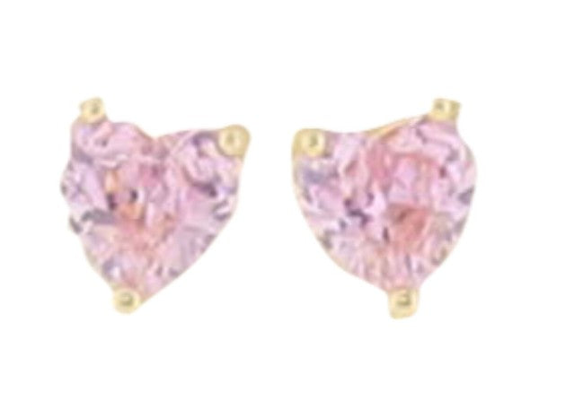 Jewelry photography featuring a pair of faceted pink heart-shaped stud earrings set in three gold prongs against a plain white background