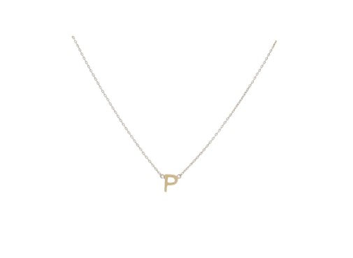 A gold initial necklace featuring a small polished block-style letter P pendant suspended from a delicate thin link chain against a plain white background