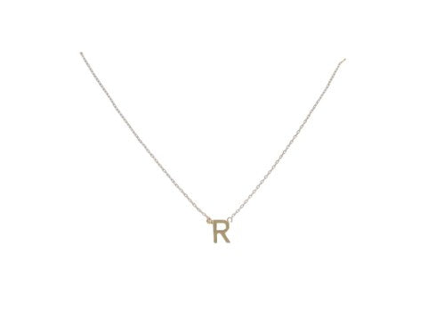 Gold jewelry featuring a minimalist block letter R pendant on a delicate cable chain with a high-shine polished finish against a plain white background