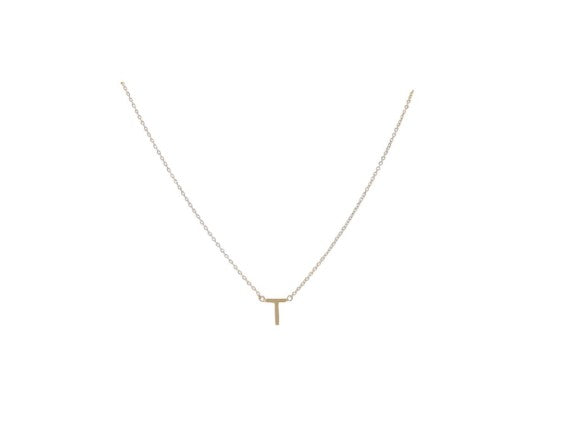 Gold jewelry necklace showcasing a minimalist sans-serif letter T initial pendant on a dainty yellow gold cable chain with a high-polish finish against a plain white background