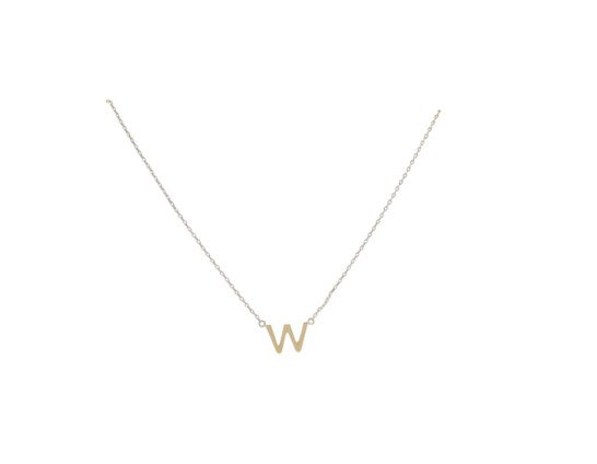 Jewelry photograph of a gold initial necklace featuring a minimalist letter W pendant suspended on a delicate fine-link chain against a crisp white background with a polished yellow-gold finish and modern sans-serif typography