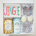 Gift set with popcorn, Gruel Nuts, and decorative items in a box labeled 'JINGLE'.