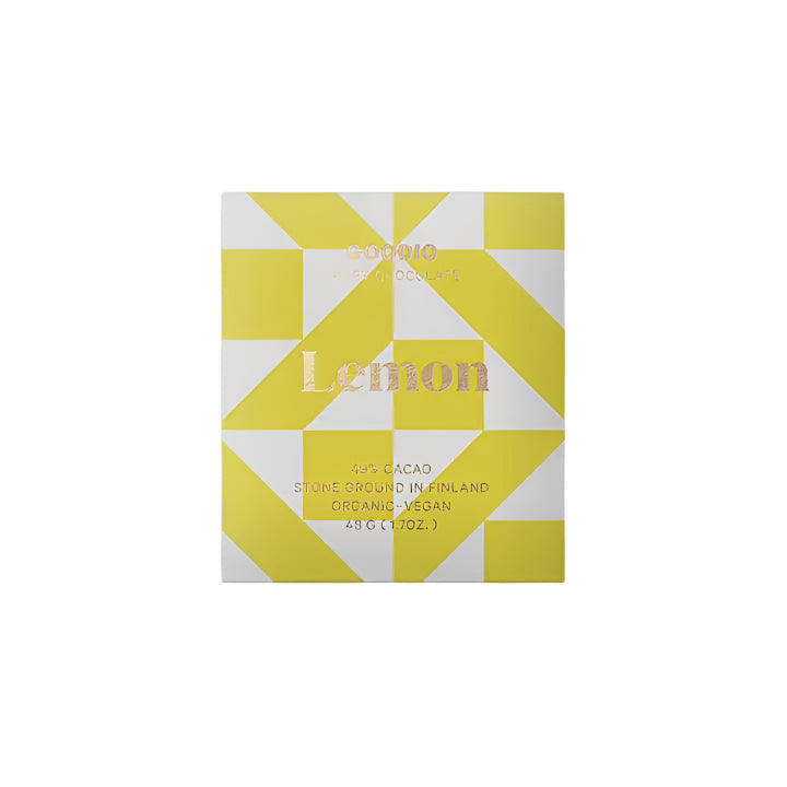 Goodio Lemon craft chocolate bar in yellow and white geometric packaging