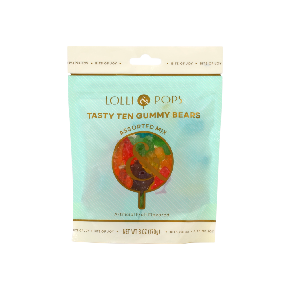 Commercial product photograph of Lolli &amp; Pops Tasty Ten Gummy Bears Assorted Mix featuring a mint green pouch with gold-foil lettering and a clear lollipop-shaped window revealing vibrant multi-colored candies against a white background