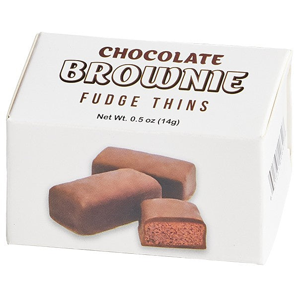 White box of Chocolate Brownie Fudge Thins, 0.5 oz, picturing chocolate-coated brownie pieces