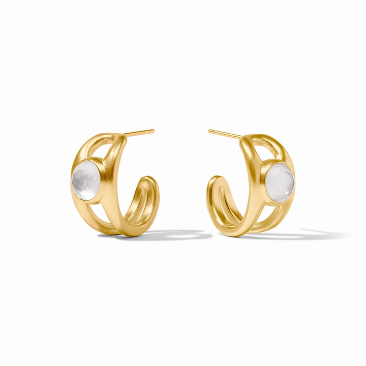 Gold jewelry by Dean Davidson featuring Manhattan-inspired architectural hoop earrings on a white studio background with a brushed matte finish and round translucent moonstone gemstones