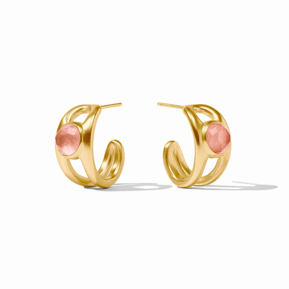 Gold vermeil jewelry by Dean Davidson featuring a pair of Manhattan mini hoop earrings on a white studio background with faceted rose quartz gemstones and a signature brushed-satin finish architectural frame