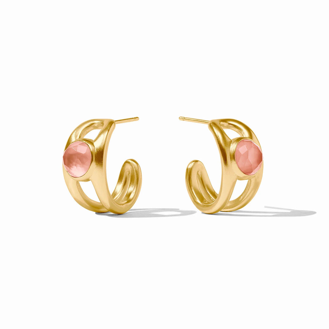 Gold vermeil jewelry by Dean Davidson featuring a pair of Manhattan mini hoop earrings on a white studio background with faceted rose quartz gemstones and a signature brushed-satin finish architectural frame