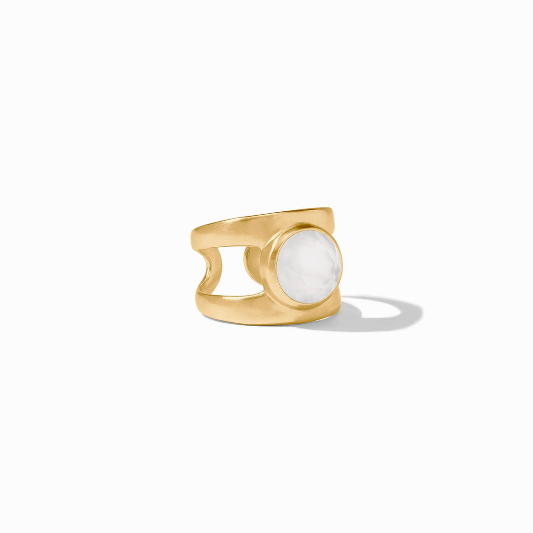 Julie Vos 24K gold-plate ring centered on a white background featuring a round faceted iridescent moonstone bezel-set into a wide architectural split-shank band with a brushed matte finish