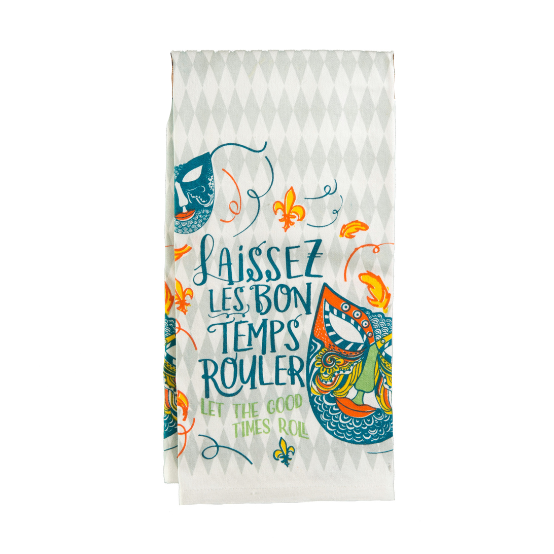 Graphic printed tea towel celebrating New Orleans Mardi Gras with the phrase Laissez Les Bon Temps Rouler featuring ornate teal and orange masks, golden fleur-de-lis icons, and a grey harlequin diamond background