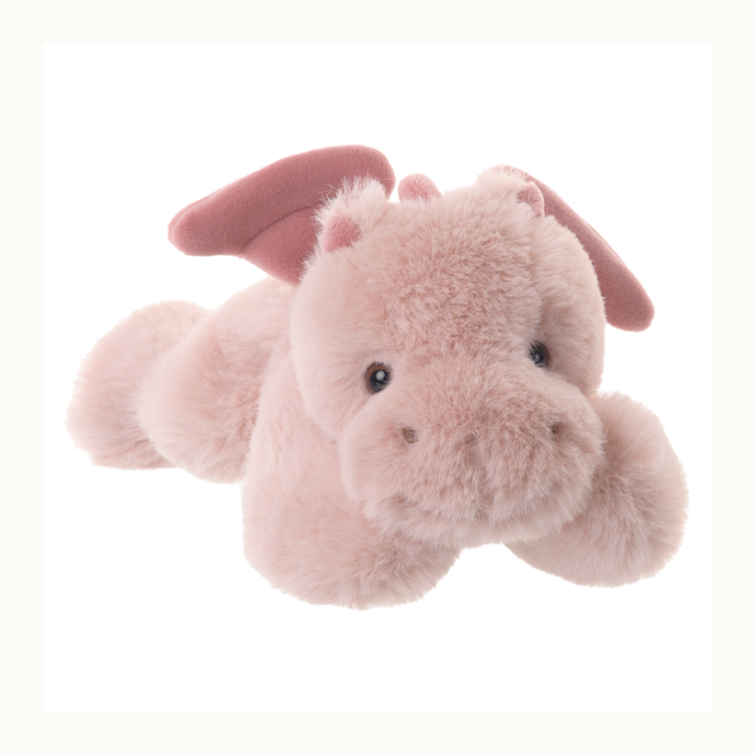 Pink plush dragon lying down with rose wings, front view