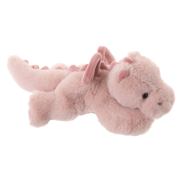 Pink plush dragon lying down with rose wings, side view