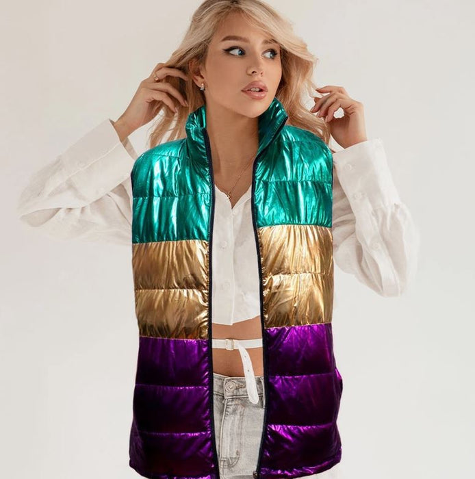 Mardi Gras Color Block Puffer Vest