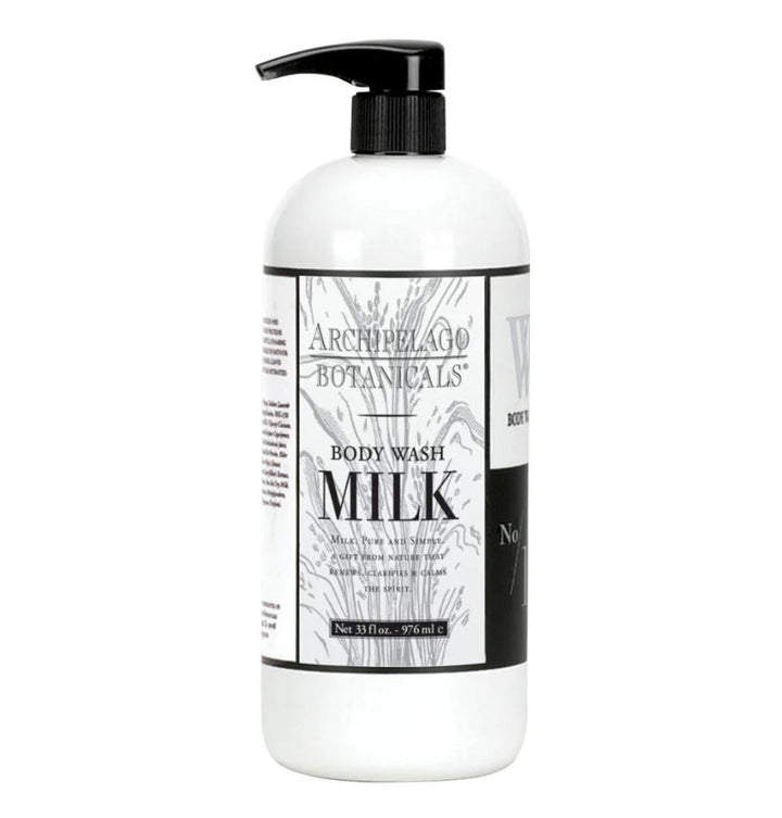 Product photograph of Archipelago Botanicals Milk Body Wash in a white bottle featuring a sleek black pump dispenser, intricate botanical line art, and a thirty-three fluid ounce label design