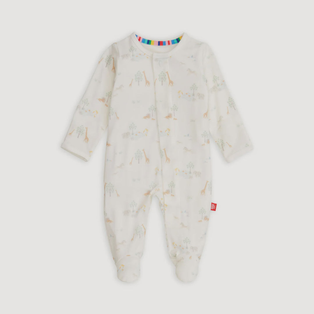 Product photograph of a Mothercare baby sleepsuit featuring a soft pastel safari animal print with giraffes and elephants, a multicolored striped neckline, and integrated feet on a neutral background