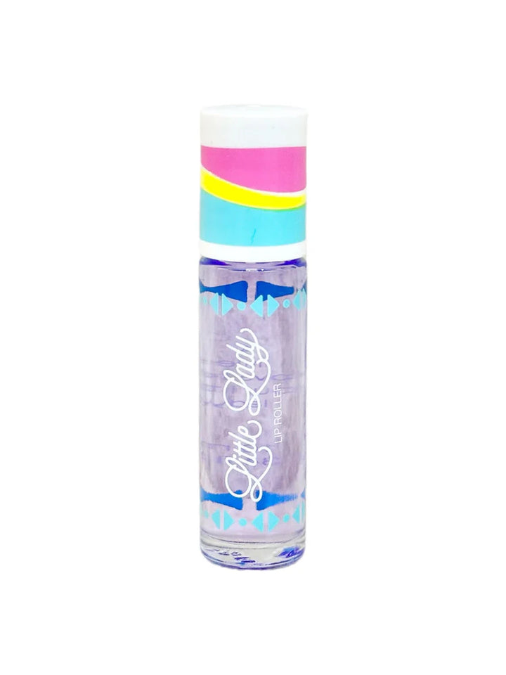 Product photograph of a Little Lady Lip Roller tube centered on a white background, featuring the white cursive brand logo, lavender-tinted gloss, and a cap with vibrant pink, yellow, and light blue stripes