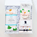 Set of baby items and packaging with decorative elements on a white background