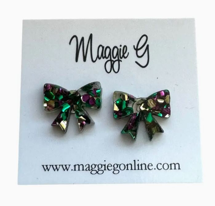 Mardi Gras Bow Stud Earrings Glitter Earrings Fat Tuesday