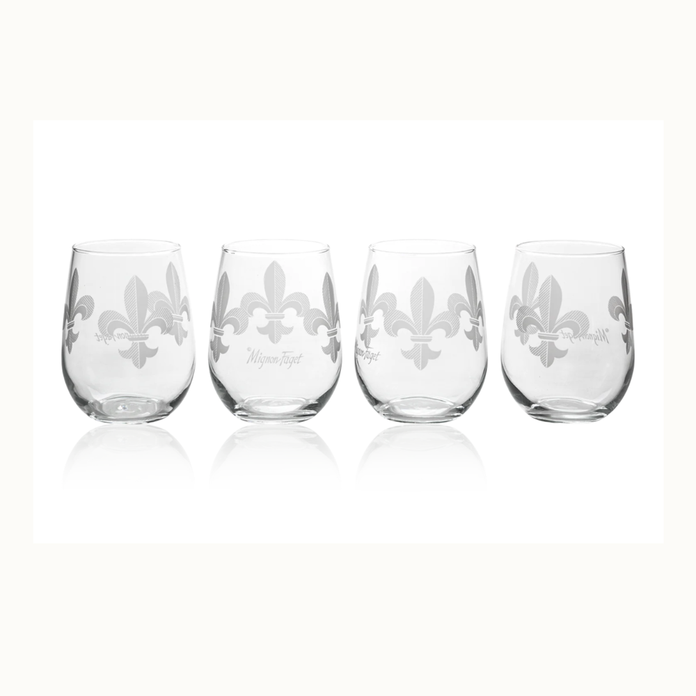 Four stemless wine glasses etched with large fleur-de-lis