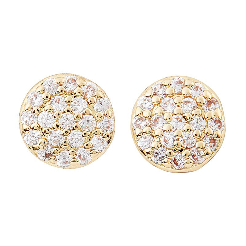 Yellow gold stud earrings featuring a circular pavé-set arrangement on a white background with shimmering round-cut clear gemstones and delicate polished gold bead accents
