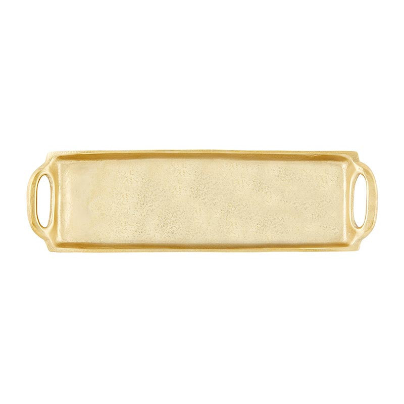 Hammered gold-colored metal serving tray centered on a white background featuring a long rectangular frame, integrated oval handles, and a textured pale metallic finish