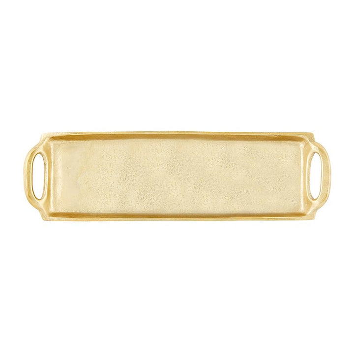 Hammered gold-colored metal serving tray centered on a white background featuring a long rectangular frame, integrated oval handles, and a textured pale metallic finish