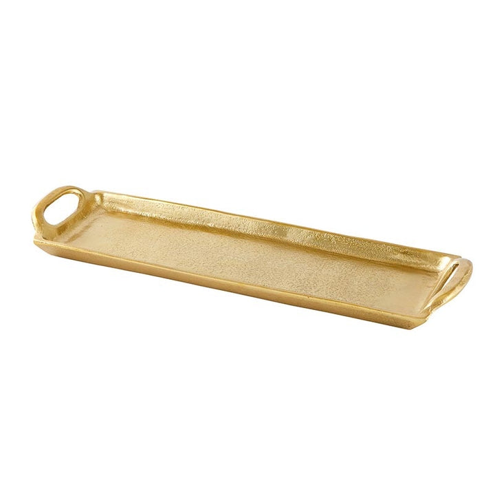 Gold-finished aluminum rectangular serving tray featuring a hammered texture and integrated side handles for home decor displayed on a white studio background