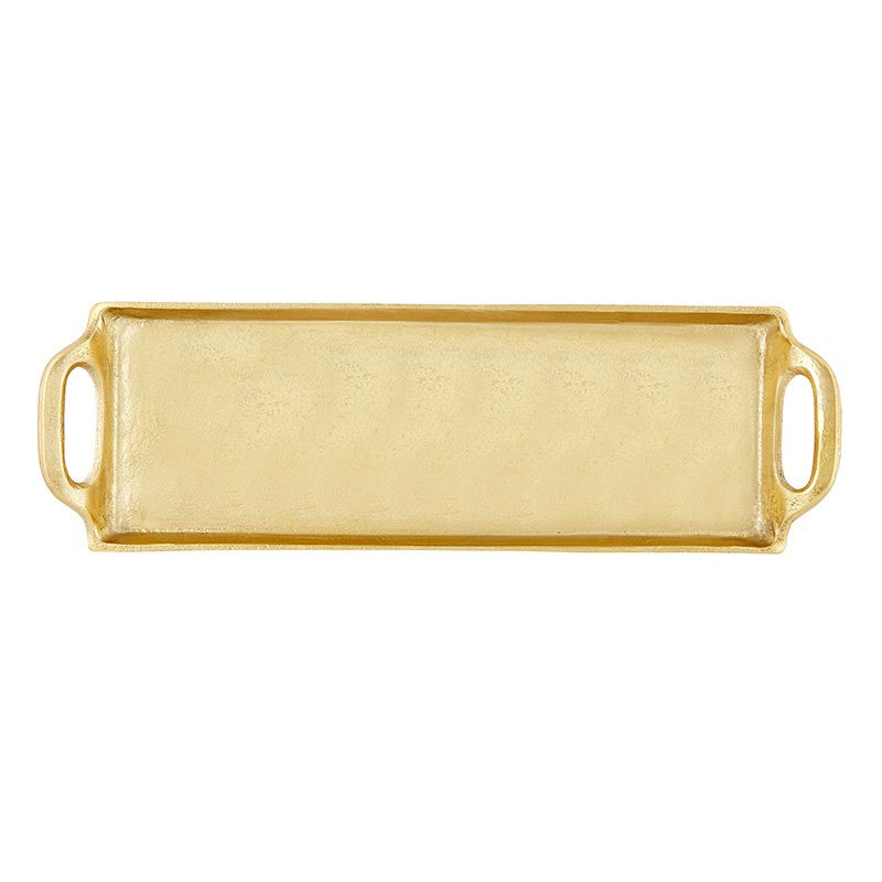 Gold-finished aluminum rectangular serving tray centered on a white background featuring integrated oval cutout handles and a subtly hammered matte texture
