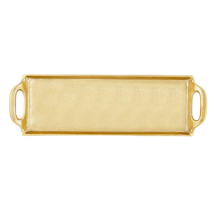 Gold-finished aluminum rectangular serving tray centered on a white background featuring integrated oval cutout handles and a subtly hammered matte texture