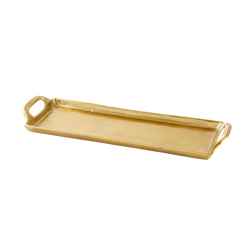 Cast metal rectangular serving tray with a textured gold finish and two integrated curved handles at the sides displayed against a minimalist white background