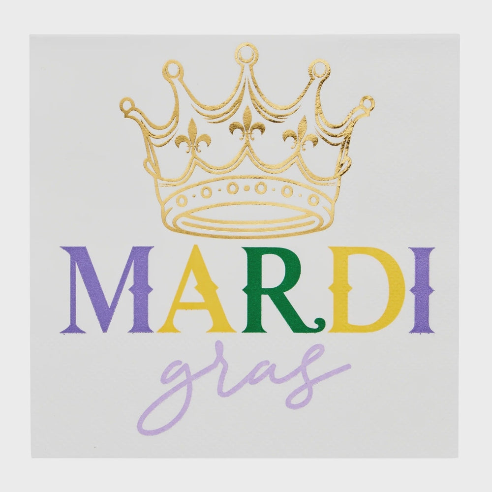 Graphic illustration of a New Orleans Mardi Gras theme featuring a gold foil crown with fleur-de-lis motifs above multicolored block lettering and a lavender cursive script