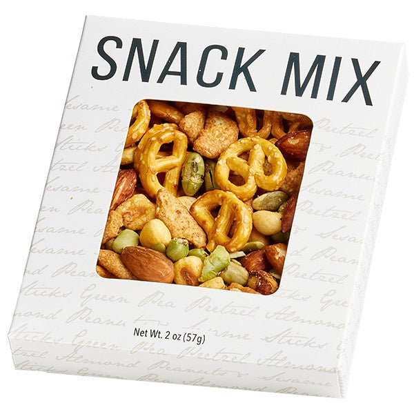 White Snack Mix box, 2 oz, with a window showing pretzels, almonds, peanuts and green peas