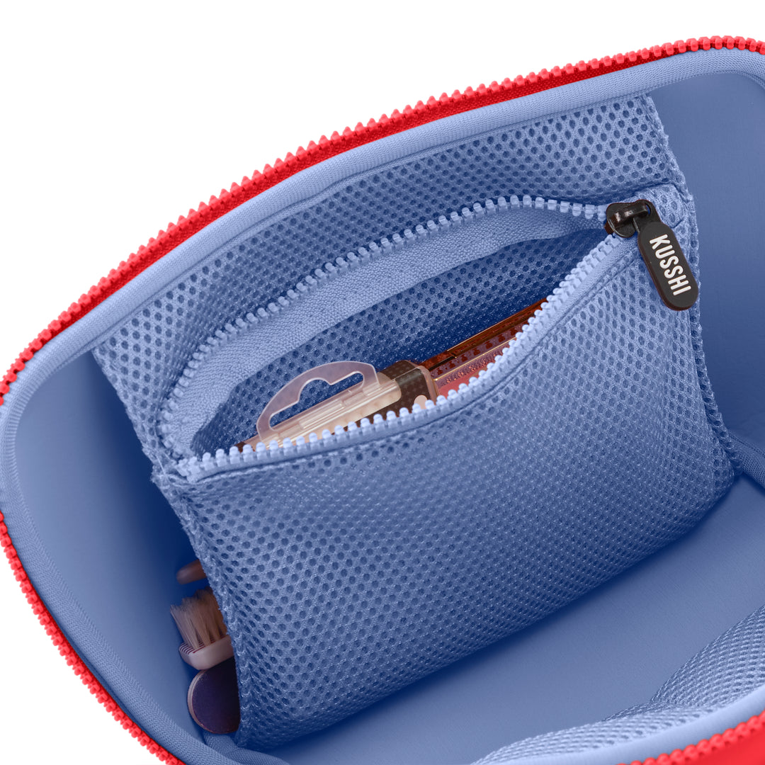 Neoprene Makeup Bag - Coral Red/Periwinkle