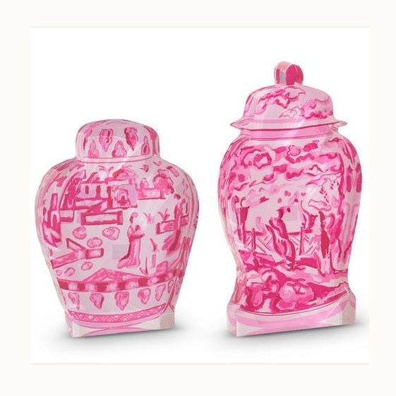 Acrylic decorative ginger jars by Lucy G showcasing vibrant pink Chinoiserie landscapes with traditional pagodas, an arched bridge, and a painterly watercolor aesthetic on a white background