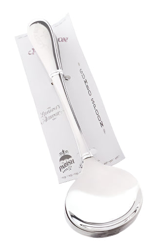Polished silver gumbo spoon by The Parish featuring a deep circular bowl and sleek tapered handle displayed on its white retail card with a signature umbrella logo and bold black lettering